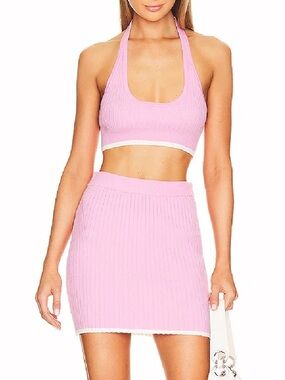 SET Matthew Bruch Ribbed Sweet Pink Mini Skirt & Halter Top with Contrast Trim